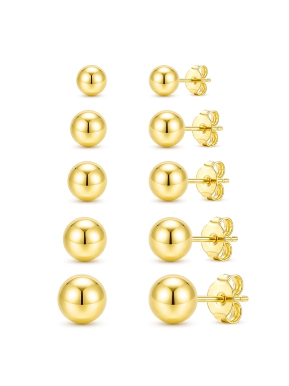 5 Pairs 18K Gold Plated Ball Stud Earrings for Women Small Hypoallergenic Post Earrings Set Birthday Christmas Jewelry Gifts Teen Girls Stocking Stuffers Kids