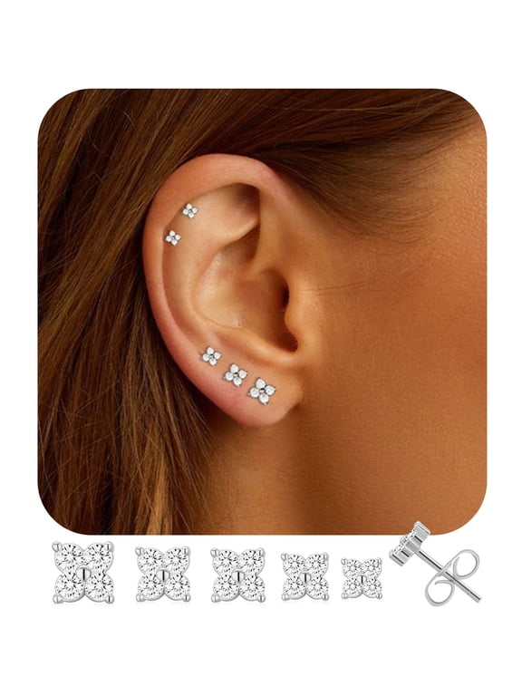 5 Pairs 18K White Gold Plated Flower Stud Earrings for Women Hypoallergenic Small with S925 Sterling Silver Post Earring Sets Birthday Christmas Jewelry Gifts Teen Stocking Stuffers Adults