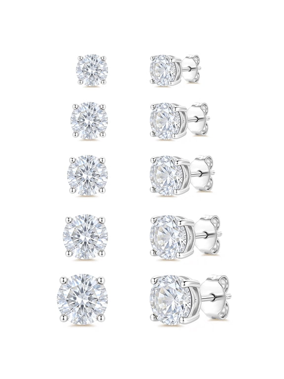 5 Pairs 18K White Gold Plated Stud Earrings for Women with S925 Sterling Silver Post April Birthstone Earrings Set with CZ Crystal Birthday Christmas Jewelry Gifts Teen Stocking Stuffers Adults