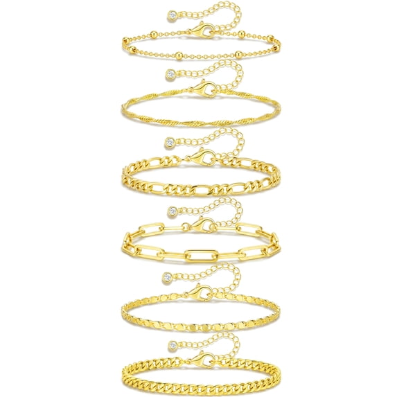 APSVO 6 Pcs 18K Gold Plated Ankle Bracelets for Women Cuban Figaro Paperclip Singapore Satellite Mirror Anklet Set Birthday Christmas Jewelry Gifts Teen Stocking Stuffers Adults