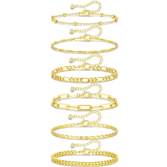 APSVO 6 Pcs 18K Gold Plated Ankle Bracelets for Women Cuban Figaro Paperclip Singapore Satellite Mirror Anklet Set Birthday Christmas Jewelry Gifts Teen Stocking Stuffers Adults