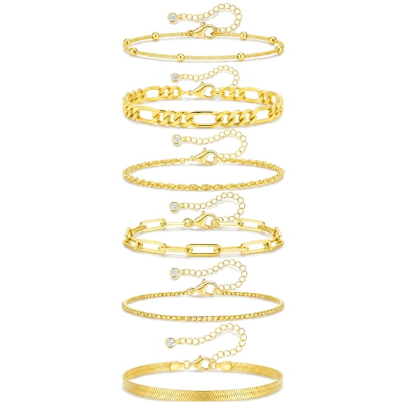 APSVO 6 Pcs 18K Gold Plated Bracelets for Women Box Satellite Figaro Paperclip Herringbone Rope Stackable Bracelet Set Birthday Graduation Mothers Day Jewelry Gifts Teen Her Mom Wife Ideas