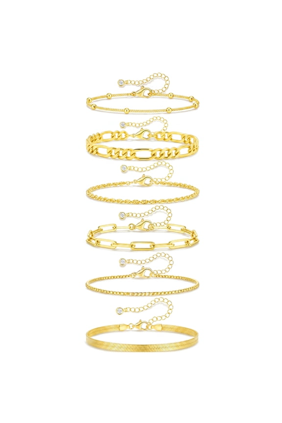 6 Pcs 18K Gold Plated Bracelets for Women Box Satellite Figaro Paperclip Herringbone Rope Stackable Bracelet Set Birthday Graduation Mothers Day Jewelry Gifts Teen Her Mom Wife Ideas