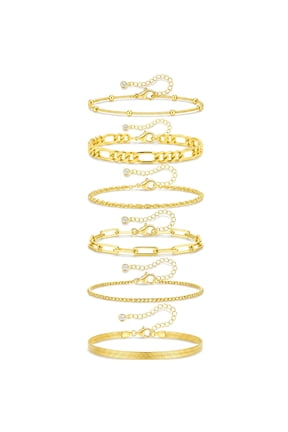 6 Pcs 18K Gold Plated Bracelets for Women Box Satellite Figaro Paperclip Herringbone Rope Stackable Bracelet Set Birthday Graduation Mothers Day Jewelry Gifts Teen Her Mom Wife Ideas
