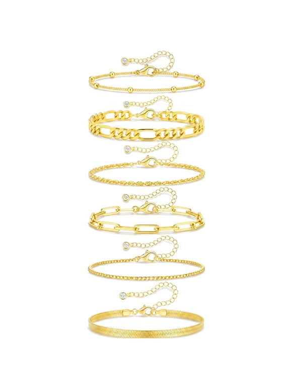 6 Pcs 18K Gold Plated Bracelets for Women Box Satellite Figaro Paperclip Herringbone Rope Stackable Bracelet Set Birthday Christmas Jewelry Gifts Teen Stocking Stuffers Adults