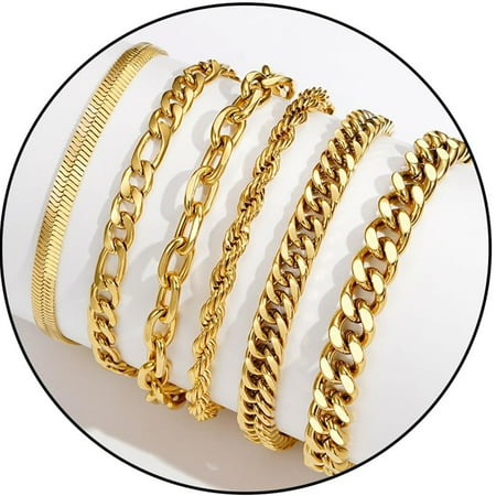 APSVO 6 Pcs Gold Bracelets for Men Boys Women Stainless Steel Cuban Rope Paperclip Figaro Chain Bracelets Set Birthday Graduation Fathers Day Jewelry Gifts Teen Dad Kids Ideas 6.5/7/7.5/8.3/9 Inch