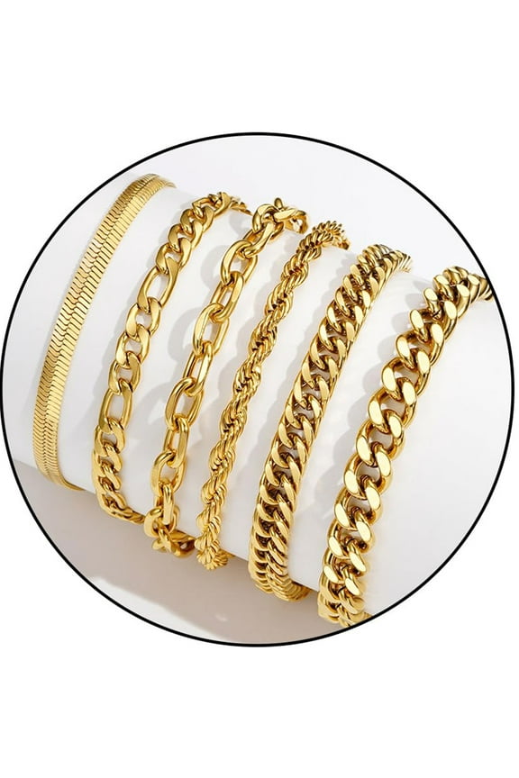 6 Pcs Gold Bracelets for Men Boys Women Stainless Steel Cuban Rope Paperclip Figaro Chain Bracelets Set Birthday Valentines Day Jewelry Gifts Teen Him Dad Male Kids Ideas 6.5/7/7.5/8.3/9 Inch