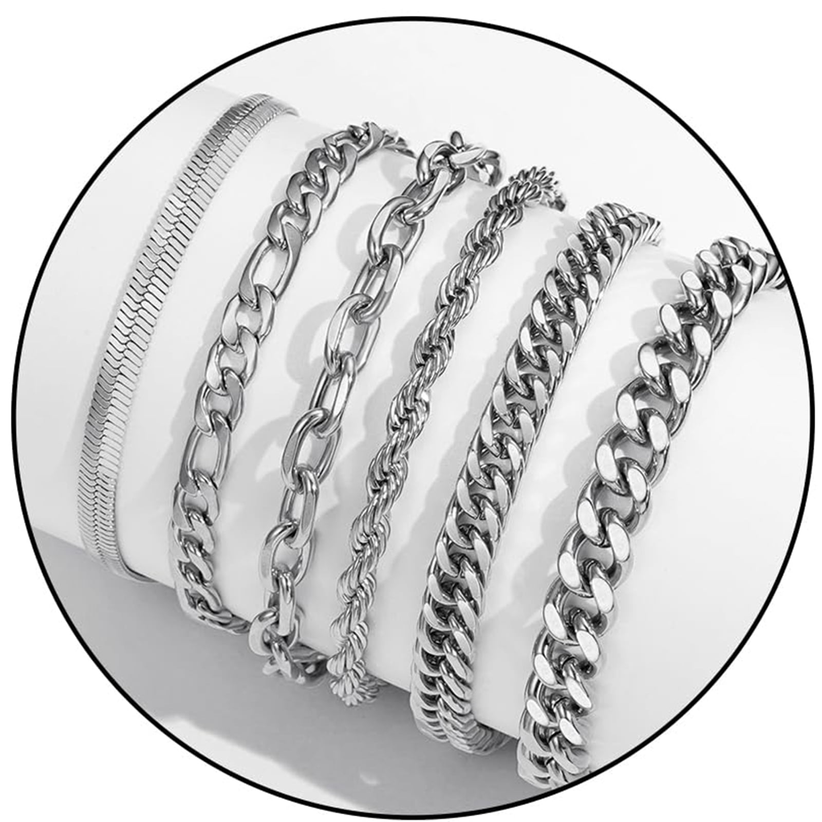 APSVO 6 Pcs Bracelets for Men Women Boys Kid, Silver Charm Bracelet Stainless Steel Cuban Link Curb Rope Paperclip Figaro Herringbone Chain Bracelets Set Jewelry Gifts 6.5/7/7.5/8.3/9 Inches Chain