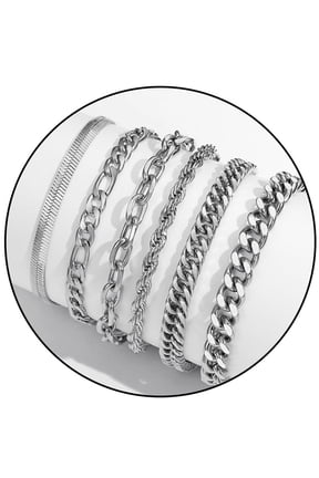 6 Pcs Silver Bracelets for Men Boys Women Stainless Steel Cuban Rope Paperclip Figaro Chain Bracelets Set Birthday Graduation Fathers Day Jewelry Gifts Teen Him Dad Kids 6.5/7/7.5/8.3/9 Inch
