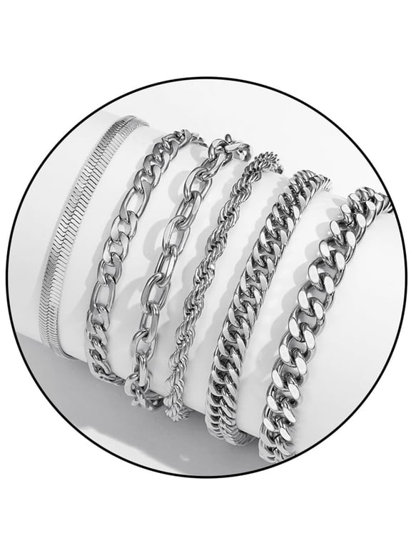 6 Pcs Silver Plated Bracelets for Men Women Stainless Steel Cuban Rope Paperclip Figaro Chain Bracelets Set Birthday Christmas Jewelry Gifts Teen Boys Stocking Stuffers Kids