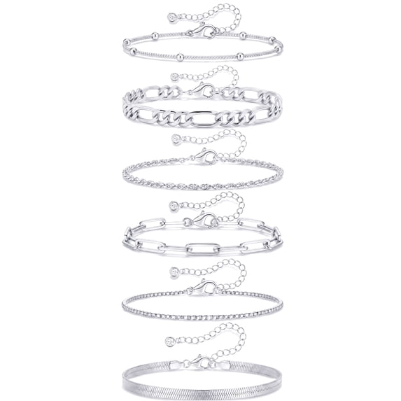 APSVO 6 Pcs S925 Sterling Silver Plated Bracelets for Women Box Satellite Figaro Paperclip Herringbone Rope Stackable Bracelet Set Birthday Graduation Mothers Day Jewelry Gifts Teen Her Mom Wife