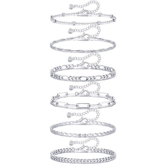 APSVO 6 Pcs 925 Silver Plated Ankle Bracelets for Women Cuban Figaro Paperclip Singapore Mirror Anklet Set Birthday Christmas Jewelry Gifts Teen Stocking Stuffers Adults