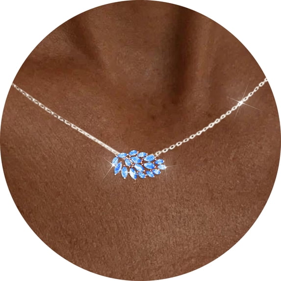 APSVO 925 Silver Plated Leaf Necklaces for Women March Birthstone Pendant Chain with Blue Aquamarine Birthday Christmas Jewelry Gifts Teen Girls Stocking Stuffers Kids