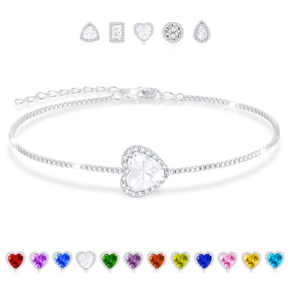 APSVO 925 Silver Plated Love Heart Charm Bracelets for Women April Birthstone Bracelet Birthday Christmas Jewelry Gifts Teen Girls Stocking Stuffers Kids