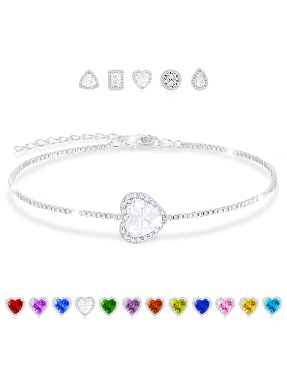 925 Silver Plated Love Heart Charm Bracelets for Women April Birthstone Bracelet Birthday Christmas Jewelry Gifts Teen Girls Stocking Stuffers Kids
