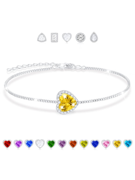 925 Silver Plated Love Heart Charm Bracelets for Women November Birthstone Bracelet with Yellow Citrine Topaz Birthday Christmas Jewelry Gifts Teen Girls Stocking Stuffers Kids