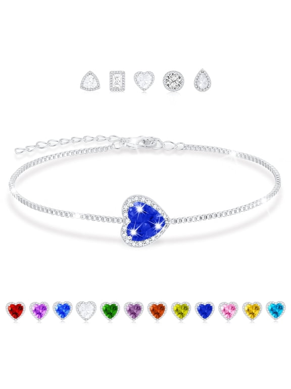 925 Silver Plated Love Heart Charm Bracelets for Women September Birthstone Bracelet with Blue Sapphire Birthday Christmas Jewelry Gifts Teen Girls Stocking Stuffers Kids