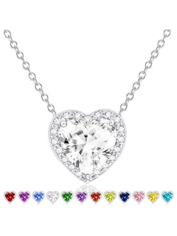 925 Silver Plated Love Heart Necklaces for Women CZ April Birthstone Pendant Chain with Crystal Birthday Christmas Jewelry Gifts Teen Girls Stocking Stuffers Kids