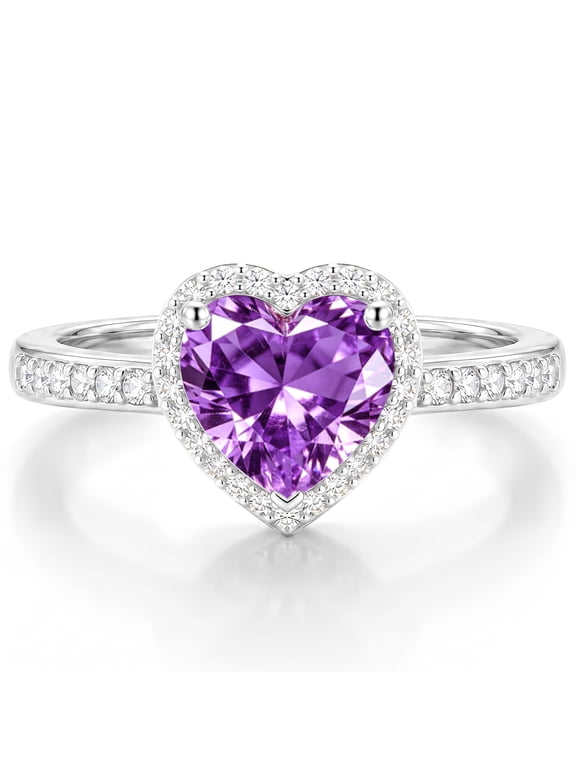 925 Silver Plated Love Heart Rings for Women CZ June Birthstone Ring with Purple Alexandrite Promise Band Engagement Wedding Birthday Christmas Jewelry Gifts Teen Girls Stocking Stuffers Kids