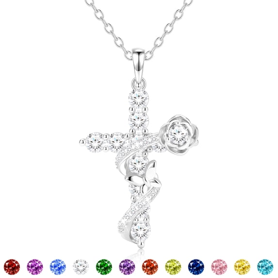 APSVO 925 Silver Plated Rose Cross Necklaces for Women April Birthstone Pendant with Crystal Birthday Christmas Jewelry Gifts Teen Girls Stocking Stuffers Kids