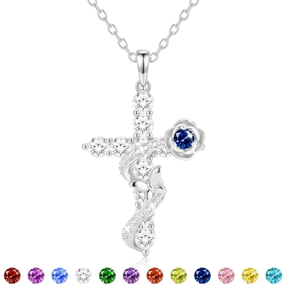 APSVO 925 Silver Plated Rose Cross Necklaces for Women September Birthstone Pendant with Blue Sapphire Birthday Christmas Jewelry Gifts Teen Girls Stocking Stuffers Kids