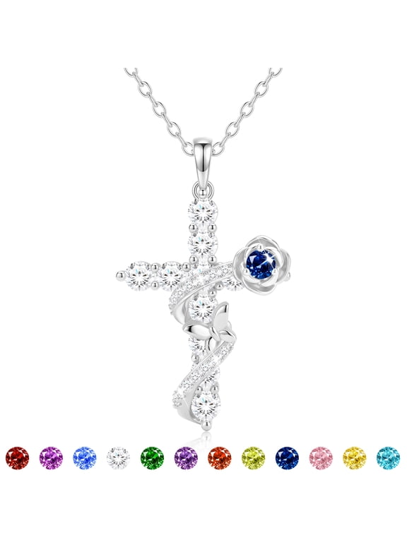 925 Silver Plated Rose Cross Necklaces for Women September Birthstone Pendant with Blue Sapphire Birthday Christmas Jewelry Gifts Teen Girls Stocking Stuffers Kids
