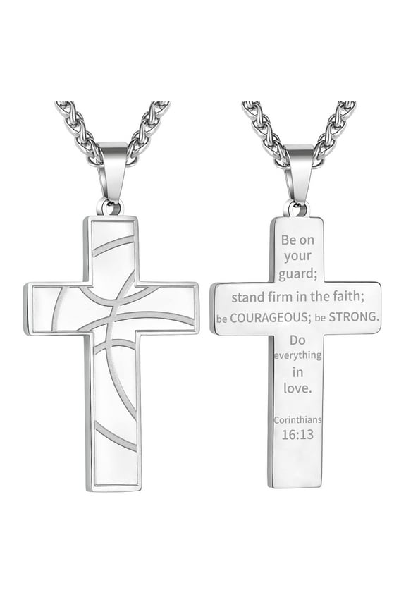 Silver Basketball Themed Cross Necklace for Men Stuff Accessories Pendant Chain Christian Religious Birthday Jewelry Gifts Ideas Teen Son Dad Team Game Day Sports Athlete Age