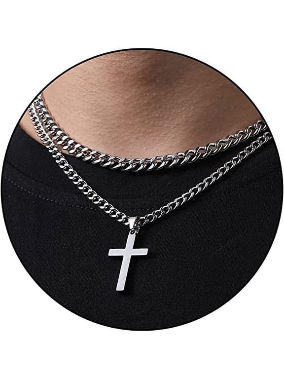 Birthday Christmas Jewelry Gifts for 6 7 8 9 10 11 12 13 14 15 16 17 18 Year Old Age Boys Kids Silver Plated Cross Necklace Personalized Stainless Steel Cuban Pendant Chain Set