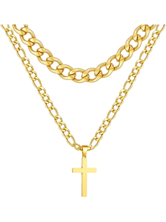 Birthday Christmas Jewelry Gifts for Men Teen Boys Stocking Stuffers Kids Gold Plated Cross Necklaces Stainless Steel Cuban Figaro Pendant Chain Set