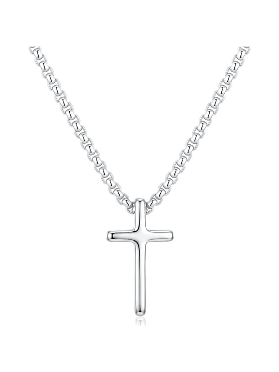 Birthday Christmas Jewelry Gifts for Men Women Teen Boys Girls Stocking Stuffers Kids Silver Plated Cross Necklaces 316L Stainless Steel Pendant Chain Catholic Christian Religious 24 Inch