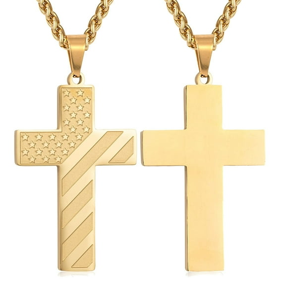 APSVO Gold Cross Necklaces for Men Boys American Flag Pendant Chain Catholic Christian Religious Birthday Valentines Day Jewelry Gifts Teen Him Dad Boyfriend Husband Male Son Adults Kids Age Ideas