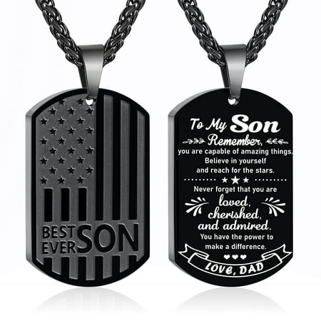 APSVO Black Dog Tag Necklaces for Men Boys to My Son Gifts from Dad American Flag Pendant Chain Catholic Christian Religious Birthday Graduation Fathers Day Jewelry Gifts Teen Him Kids Age Ideas