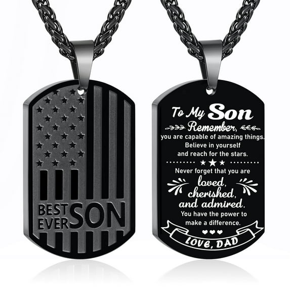 APSVO Black Dog Tag Necklaces for Men Boys to My Son Gifts from Dad American Flag Pendant Chain Catholic Christian Religious Birthday Valentines Day Jewelry Gifts Teen Him Tween Kids Age Ideas