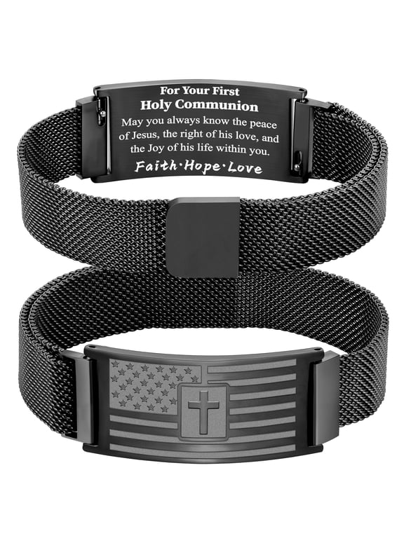 First Communion Gifts for Boys Kids Bible Verse Black American Flag Cross Bracelet for Boys Religious Catholic Christian Jewelry Gifts Kids Son Grandson Brother Tween Preteen Teen Age Ideas