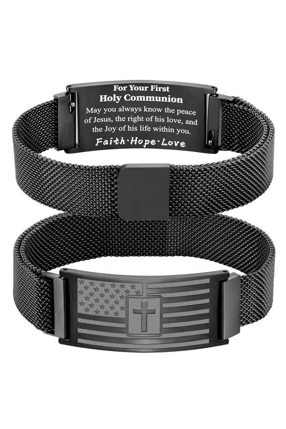 First Communion Gifts for Boys Kids Bible Verse Black American Flag Cross Bracelet for Boys Religious Catholic Christian Jewelry Gifts Kids Son Grandson Brother Tween Preteen Teen Age Ideas