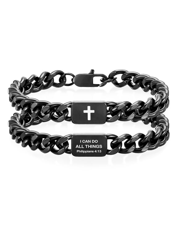 Black Cross Bracelets for Men Bible Verse Cuban Curb Link Charm Bracelet Catholic Religious Christian Stuff Accessories Birthday Christmas Jewelry Gifts Teen Boys Stocking Stuffers Kids