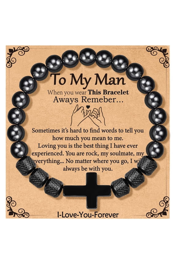 Black Cross Bracelets for Men Obsidian Beads Bracelet Birthday Catholic Christian Religious Fathers Day Jewelry Gifts Him Father Dad Grandpa Brother Husband Boyfriend Male Adults