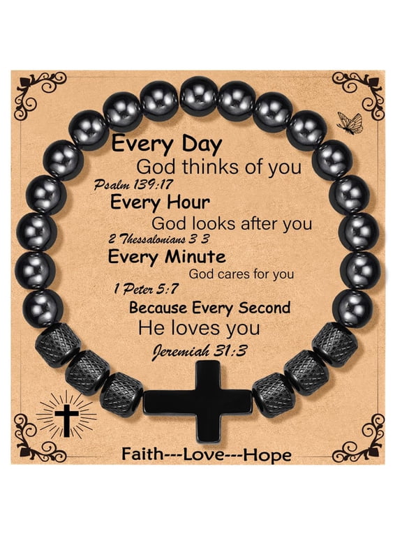 Black Cross Bracelets for Men Obsidian Beads Bracelet Birthday Catholic Christian Religious Fathers Day Jewelry Gifts Him Father Dad Grandpa Brother Husband Boyfriend Male Adults