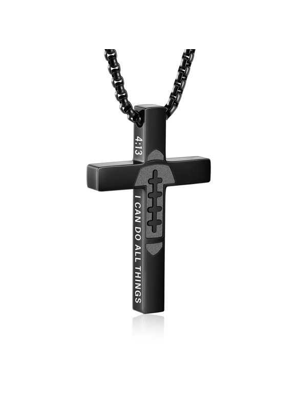 Black Cross Necklace for Men Football Pendant Chain Stuff Accessories Items Catholic Religious Christian Birthday Jewelry Gifts Dad Husband Son Boyfriend Teen