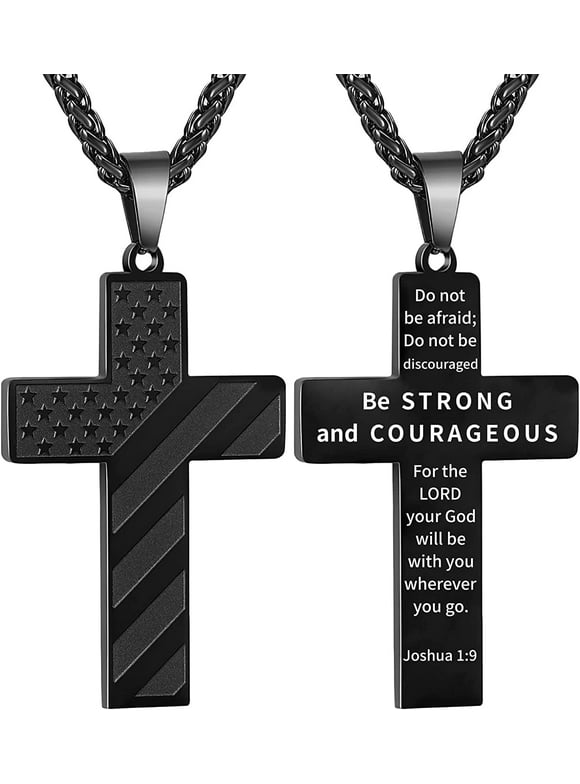 APSVO Black Cross Necklace for Men Bible Verse Stainless Steel American Flag Pendant Chain for Boys Men