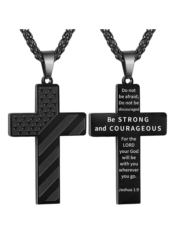 Black Cross Necklaces for Men 316L Stainless Steel American Flag Pendant Chain Catholic Christian Religious Stuff Birthday Christmas Jewelry Gifts Teen Boys Stocking Stuffers Kids