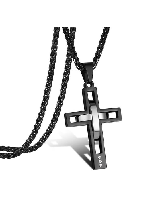 Black Cross Necklaces for Men Stainless Steel Cross Pendant Chain Catholic Religious Christian Birthday Christmas Jewelry Gifts Teen Boys Stocking Stuffers Kids
