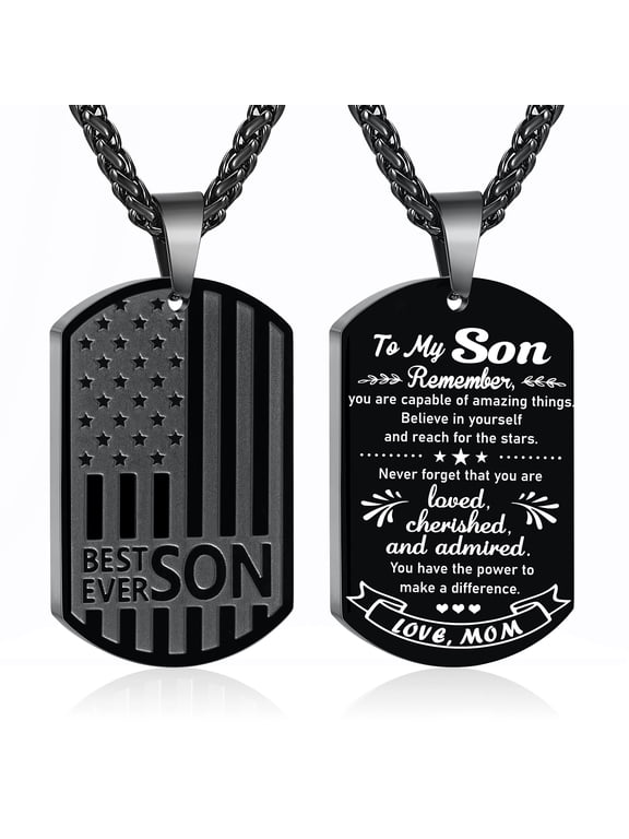 Black Dog Tag Necklaces for Men to My Son Gifts from Mom American Flag Pendant Chain Catholic Christian Religious Birthday Christmas Jewelry Gifts Teen Boys Stocking Stuffers Kids Age