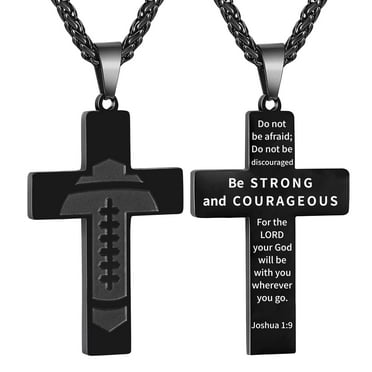 APSVO Black Football Cross Necklace for Men Stainless Steel Bible Verse Pendant with 20+2 Inch Chain First Communion Baptism Confirmation Religious Sports Jewelry Gift Football Accessory Stuff