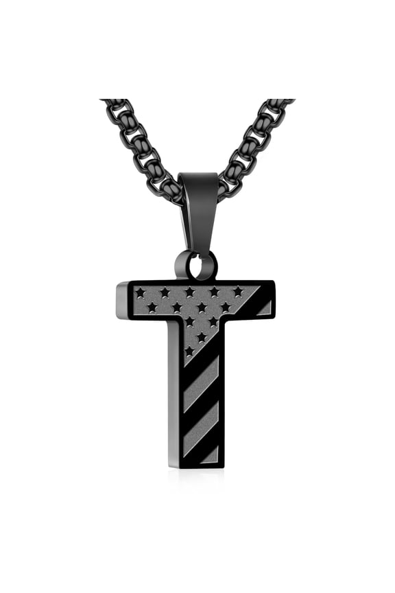 Black Initial Necklaces for Men Boys Stainless Steel American Flag Letter T Pendent Chain Birthday Valentines Day Jewelry Gifts Teen Him Boyfriend Husband Male Son Dad Adults Kids Age Ideas