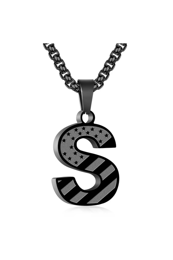 Black Initial Necklaces for Men Boys Stainless Steel American Flag Letter S Pendent Chain Birthday Easter Basket Stuffers Jewelry Gifts Teen Him Boyfriend Male Son Dad Adults Kids Age Ideas