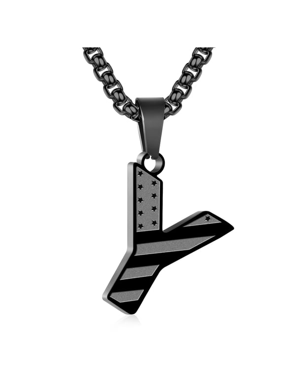 Black Initial Necklaces for Men Boys Stainless Steel American Flag Letter Y Pendent Chain Birthday Graduation Fathers Day Jewelry Gifts Teen Him Dad Boyfriend Male Son Adults Kids Age Ideas