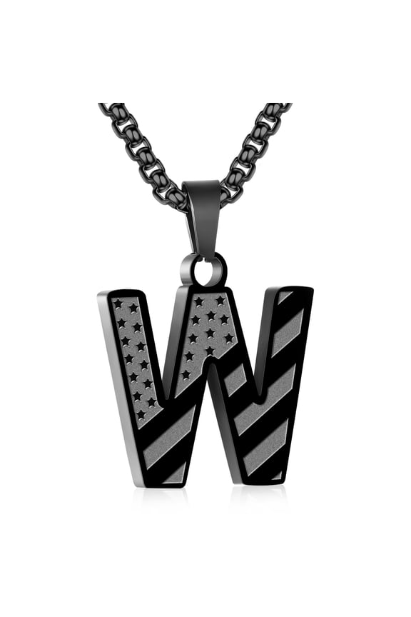 Black Initial Necklaces for Men Boys Stainless Steel American Flag Letter W Pendent Chain Birthday Graduation Fathers Day Jewelry Gifts Teen Him Dad Boyfriend Male Son Adults Kids Age Ideas