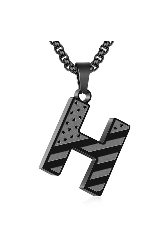 Black Initial Necklaces for Men Boys Stainless Steel American Flag Letter H Pendent Chain Birthday Graduation Fathers Day Jewelry Gifts Teen Him Dad Boyfriend Male Son Adults Kids Age Ideas