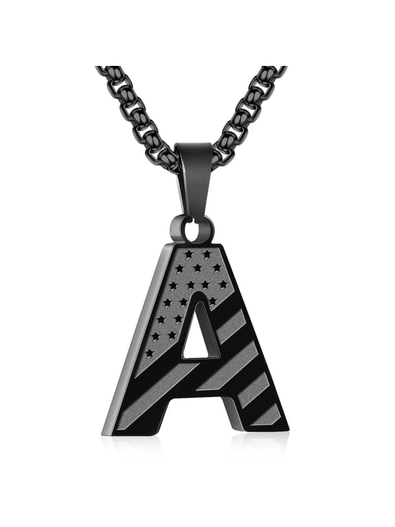 Black Initial Necklaces for Men Boys Stainless Steel American Flag Letter A Pendent Chain Birthday Graduation Fathers Day Jewelry Gifts Teen Him Dad Boyfriend Male Son Adults Kids Age Ideas